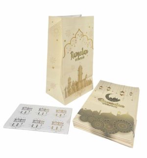 Gift Bags | 6 Pack White & Gold Ramadan Kraft Paper Bag With Stickers 22Cm X 12Cm X 8Cm Gift Bags Gift Bags